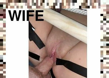 Bondage for sexy wife. Pulling tape off her pussy while I fuck her.