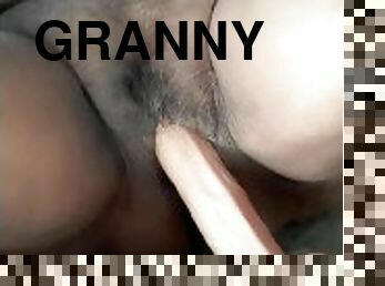 Latina granny holding dildo with my feet as I masturbate hairy pussy and cum