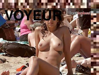 en-plein-air, public, cam, plage, espion, voyeur, assez, brunette, seins-nus