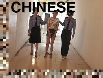 asiatique, lesbienne, trio, pieds, fétiche, chinoise, humiliation, uniformes, prison-prison, brunette
