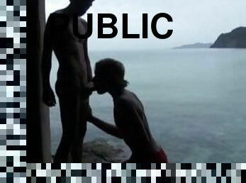 public, énorme-bite, gay, plage, point-de-vue, musclé, minet, tatouage, bite, dure