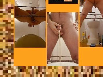 Tri view pissing in the toilet wearing a skimpy thong