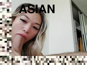 asiatisk, svær, amatør, blowjob, deepthroat, ludder, cum, blond, hvit, pikk