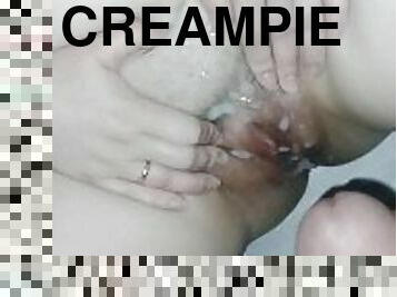 Creampie with a large amount of sperm on my wife's hairy pussy, a lot of sperm on her hole, and stom