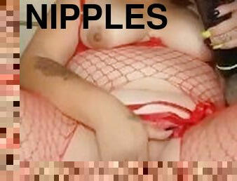 RED FISH NET **PINK Nipples**  {Roll eyes ORGASM with Massage GUN} MASK