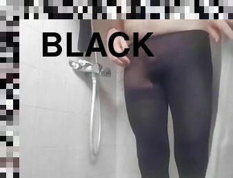 N0vyce66, with his dildo in her ass, wearing black pantyhose pissing in his shower