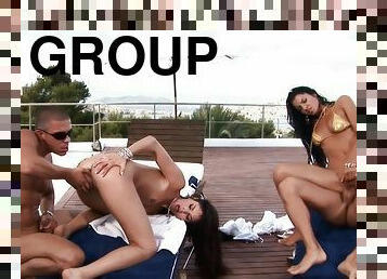 poilue, en-plein-air, sexe-de-groupe, quatuor, brunette