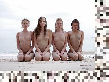 maigre, lesbienne, ados, sexe-de-groupe, plage, blonde, brunette, petits-seins