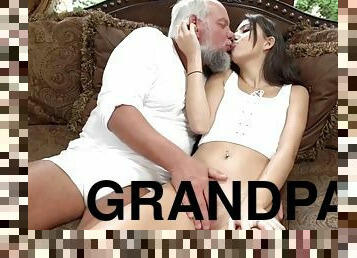 Old grandpa pussy fucks petite teen after passionate kiss