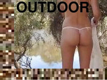 Outdoor sexy milf white lingerie striptease