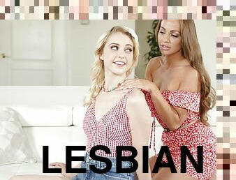 Chloe Cherry and Abigail Mac playing lesbian games on the couch