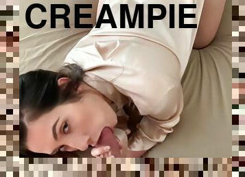 groß-titten, haarig, creampie, gesichtspunkt, brunette