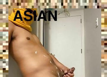 asiatique, masturbation, ejaculation, attrapée, bite