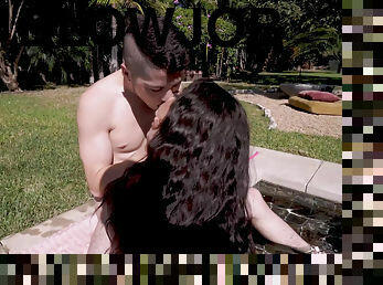 Lovely Latina Gina Valentina sucks cock near the pool