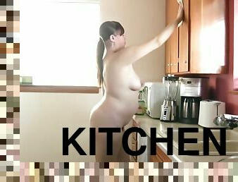 Tiffany And Her Big Bush Clean The Kitchen