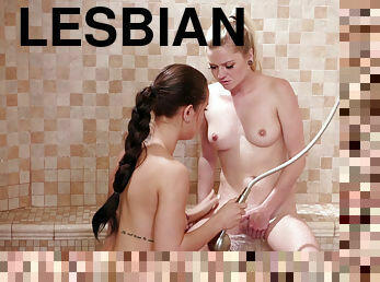 Petite teens Alina Lopez and Chloe Foster having lesbian pleasures in a shower