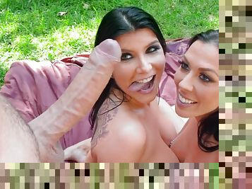 Rachel Starr & Romi Rain make out together before a threesome outdoors