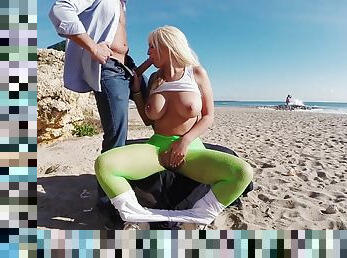 Blondie Fesser in ripped pantyhose takes cock & swallows spunk on the beach