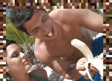 Young couple have passionate outdoor sex in paradise island