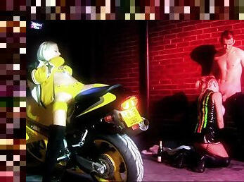 Fishnet stockings clad biker sluts have wild ogry outside a club