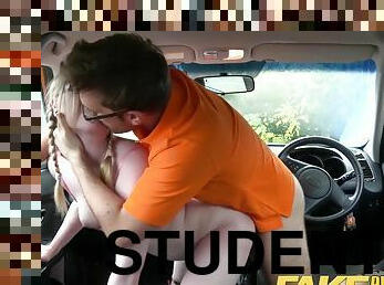 Blonde student in eyeglasses takes driving class and fucks teacher
