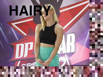Horny blonde fingers her hairy cunt in front of the jury in DP star show