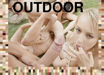 Outdoor orgy with 3 sex mad teens Cathy Heaven, Sicilia & Kira Thorn