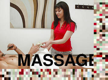 Horny masseuse Audrey Noir excites handsome guy with massage