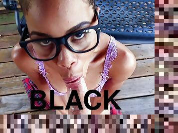 Black babe in glasses Arie deepthroats big dick and enjoys interracial hardcore