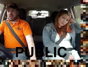 Chubby redhead in public outdoors fucked in the car by a driving tutor