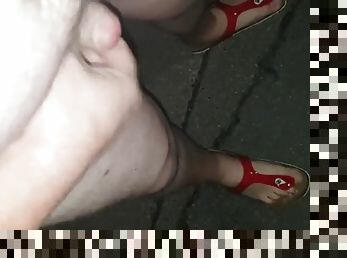 In the red Giza Birkenstock jerking off on the street