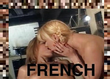 Hot French babes give their holes to a lucky dude in a bar