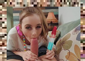 Playful hottie follows the dude to ride cock for a popsicle