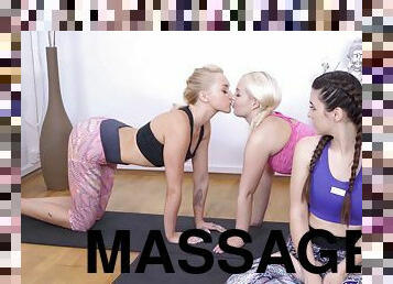 baignade, chatte-pussy, lesbienne, massage, trio, baisers, chambre-a-coucher, douche, salle-de-gym