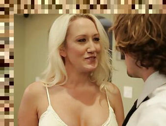 Experienced blonde Alana Evans gives lad a lesson