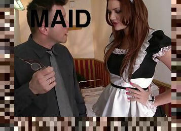 Horny maid Emma Leigh satisfies a horny customer