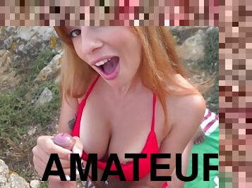 Amateur outdoor handjob and anal with young busty redhead chick