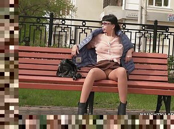 Naughty mom flashing and spreading on public park bench - Transparent and pantyhose