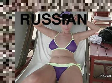 Naughty Russian MILF in see thru bikini - Sheer bikini - Public fetish