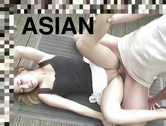 Petite Asian babe gets seduced for hot fuck on porch