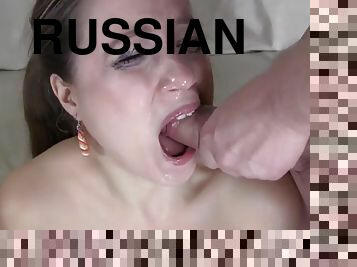 Russian gagger deepthoats 2 dicks and receive oral creampie