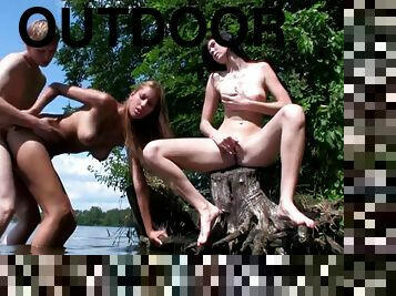Kitty Jane Teen Age Lake Side Dick - young friends in outdoor threesome