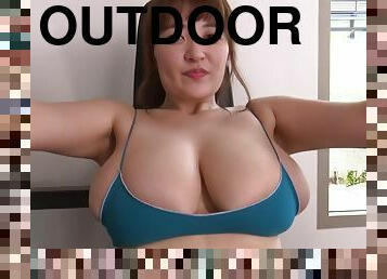outdoor fitness and pool solo with buxom Japanese - Big Asian tits in bikini