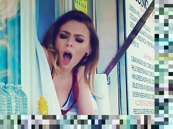 Hot teen Alex Blake doggystyled in hot dog stand in the centre of city