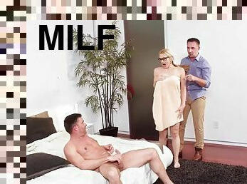 Anal loving milf Sarah Vandella gets spit-roasted by two guys