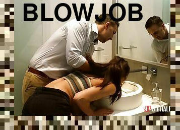 Man washes brunette’s mouth with soap and his hard dick