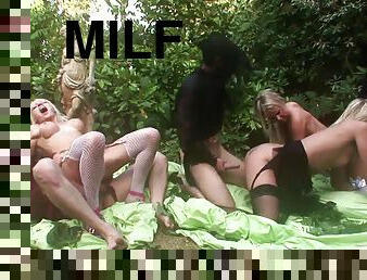 Wild orgy in forest. Three sexy chicks against three big dicks.