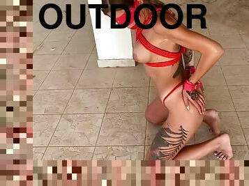 Outdoors blindfolded, whipped and fully waxed