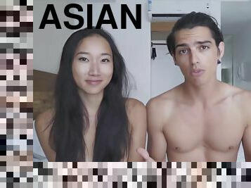 Young slim Asian with small boobs has romantic sex with her caucasian boyfriend