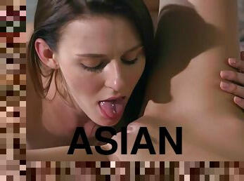 asiatisk, fitta-pussy, tonåring, fingerknull, rödhårig, kyssar, europeisk, euro, action, sittande-på-ansikte